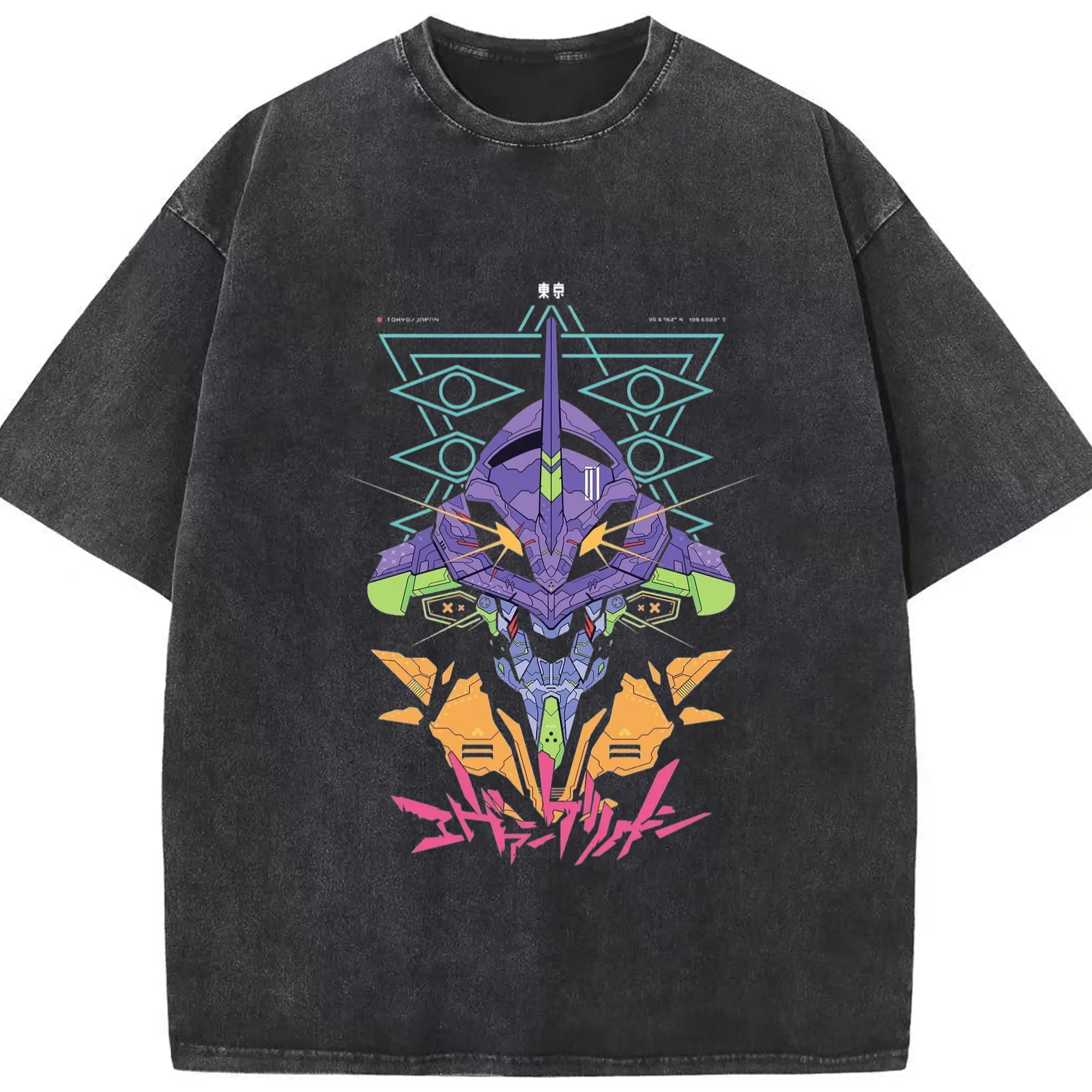 エヴァンゲリオン EVA初号機 - 綿100％ ヴィンテージ風 半袖Tシャツ ・ フロントプリント ・ 柔らか肌触り ・ 通気性 快適 ・ スポーツ カジュアル 外出用