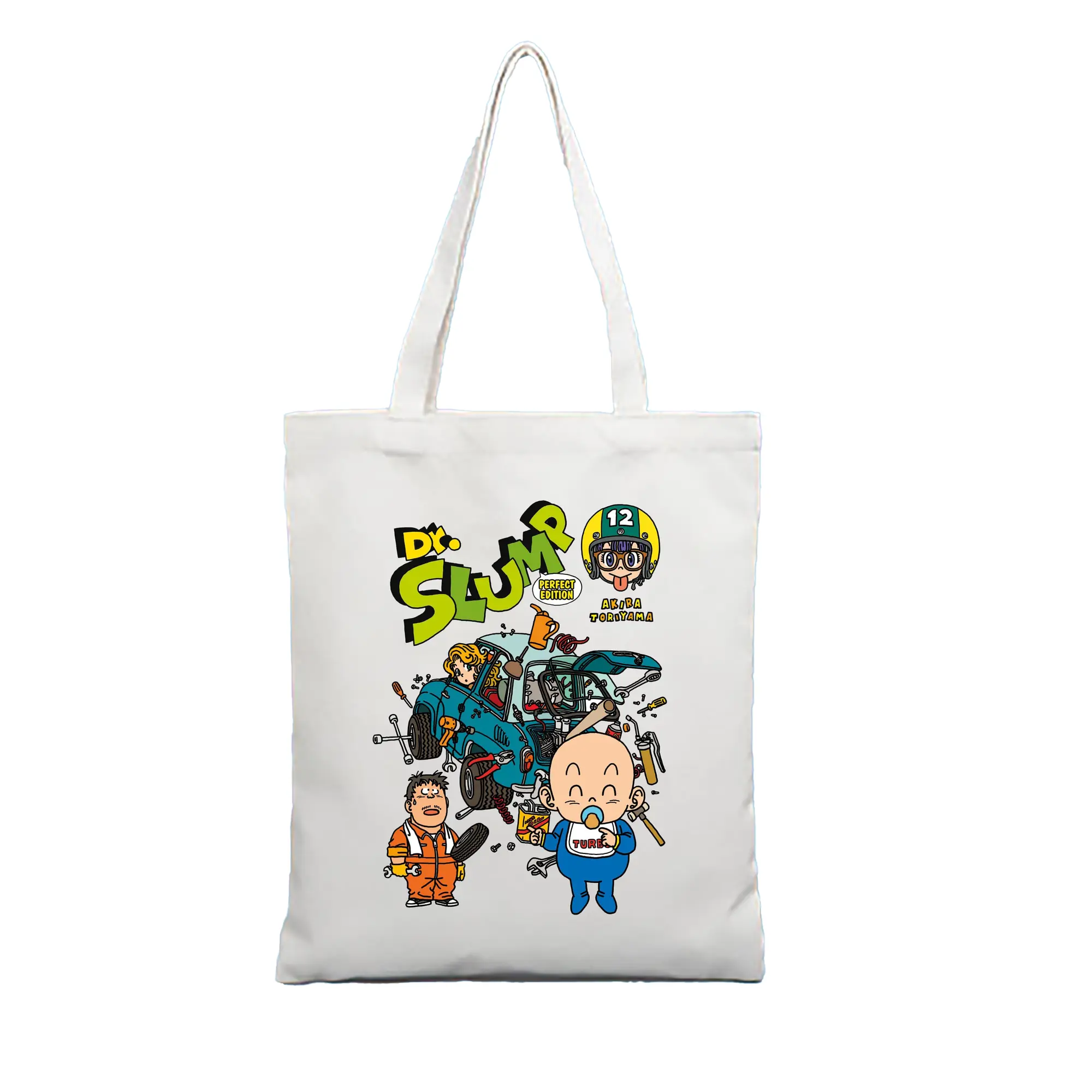 Dr.スランプ アラレちゃん マンガ風 - 縦型キャンバス手提げバッグ（トートバッグ） ・ キャンバス素材 ・ ショッピング用 ・ 軽量 丈夫 お手入れ簡単
